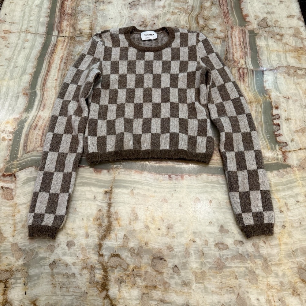 Nanushka‎ Checkered Alpaca Wool Blend Cropped Sweater Brown Beige Size M